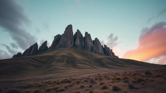 Majestic Mountain Landscape at Golden Hour with Warm Sunlight and Atmospheric Haze