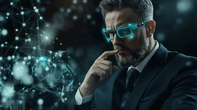 Visionary in the Digital Realm: A man wearing futuristic augmented reality glasses focuses intently on the digital network in front of him.