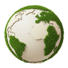 Earth globe model with continents covered in green grass texture isolated on white background