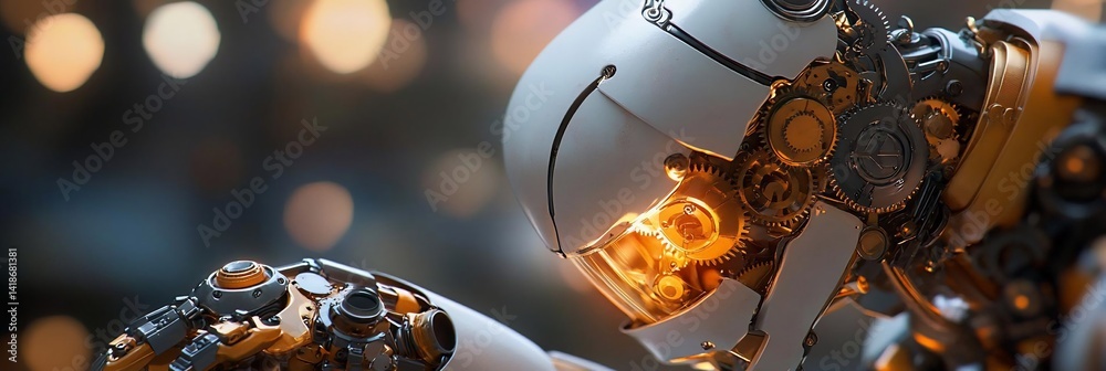 Poster Close-up shot of futuristic robotic head with metallic textures against a blurred background golden illumination. The scene has a sense of advanced technology and detailed mechanical design