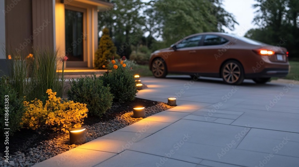 Poster Evening outdoor scene featuring a house with warm lighting illuminating a pathway and surrounding greenery. A parked car adds depth to the composition