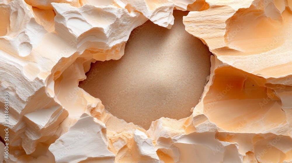 Poster close-up view of textured beige and white rock formations revealing a sandy interior with soft light