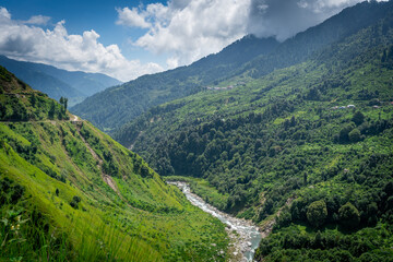Beautiful landscape of Barot valley. It is situated in  valley formed by the Uhl River, part of the Dhauladhar range of the Himalayas. It is near to Bir Biling which is famous for Paragliding in India
