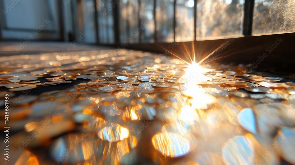 Poster Golden light sparkles over an abstract foreground with bokeh effects. Sunlight streams through a window, creating a warm and inviting atmosphere. The scene is filled with shimmering particles and