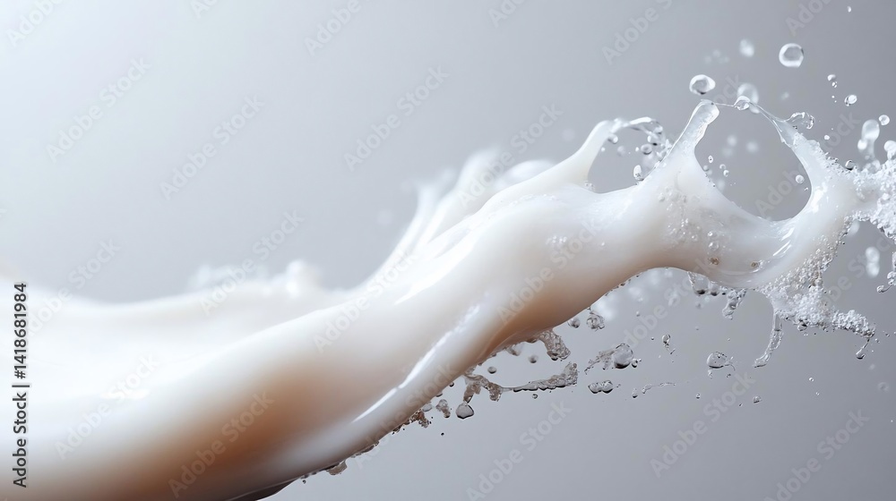 Poster Dynamic splash of white liquid with droplets against a soft gray background creating a sense of freshness and movement