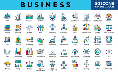 Business icons set with team, stats, briefcase, portfolio, profit, analysis, coordination, international, collaboration, insurance icon. Simple lineal color vector 
