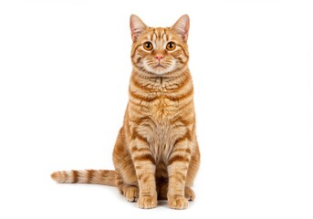 Orange tabby cat sitting upright on white background
