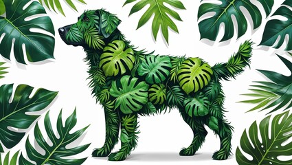 Fototapeta premium A Dog figure using tropical leaves patterns isolated on a white background