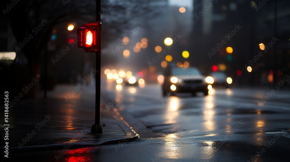 Aufkleber rainy urban street scene with wet asphalt reflecting city lights and traffic near a red traffic ligh