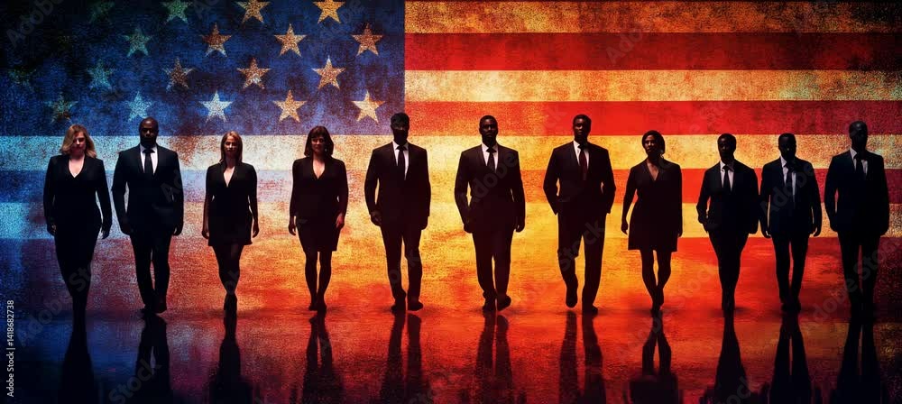 Poster group of business people in formal suit with america flag background. 4th of july or independence da