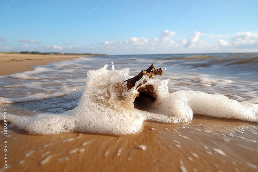 Poster close up shot of ocean wave splashing over driftwood on sandy beach under a clear blue sky. soft foc