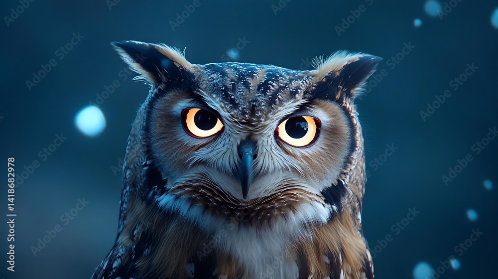 Poster close up portrait of a bird features glowing orange eyes and intricate feather details set against a