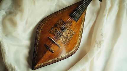 Obraz premium A small wooden instrument with a black string is sitting on a white cloth