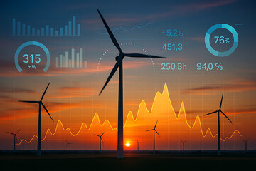 wind turbines at sunset generating renewable energy with futuristic data charts graphs and statistics overlay showing electricity output performance and sustainability analytics in rural landscape