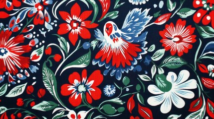 Fototapeta premium Vibrant Floral Fabric Design with Birds in Red and Blue Tones