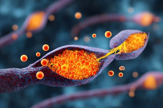 A close up of a cell with a red blob in the middle