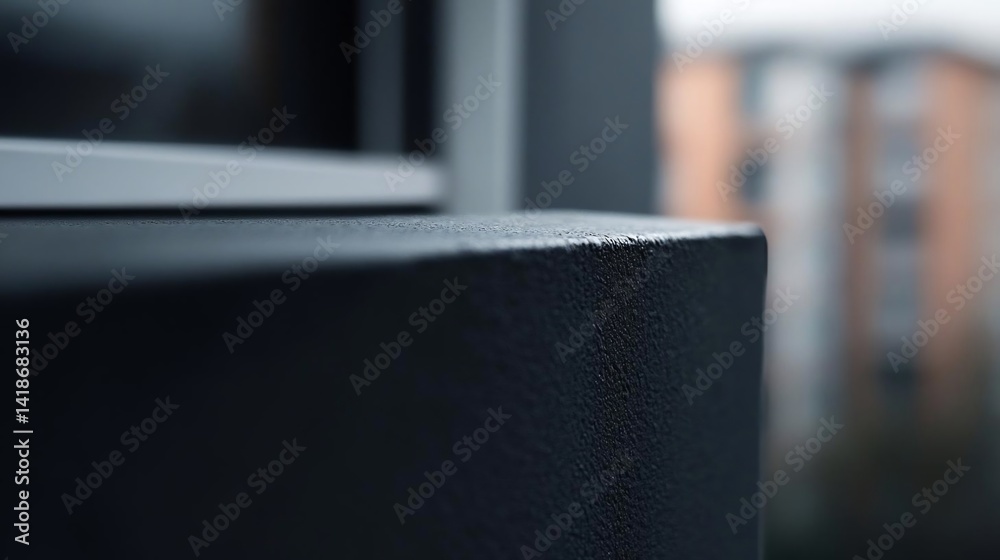 Poster close-up shot of a dark grey textured surface with building and sky in background. focus on the corn