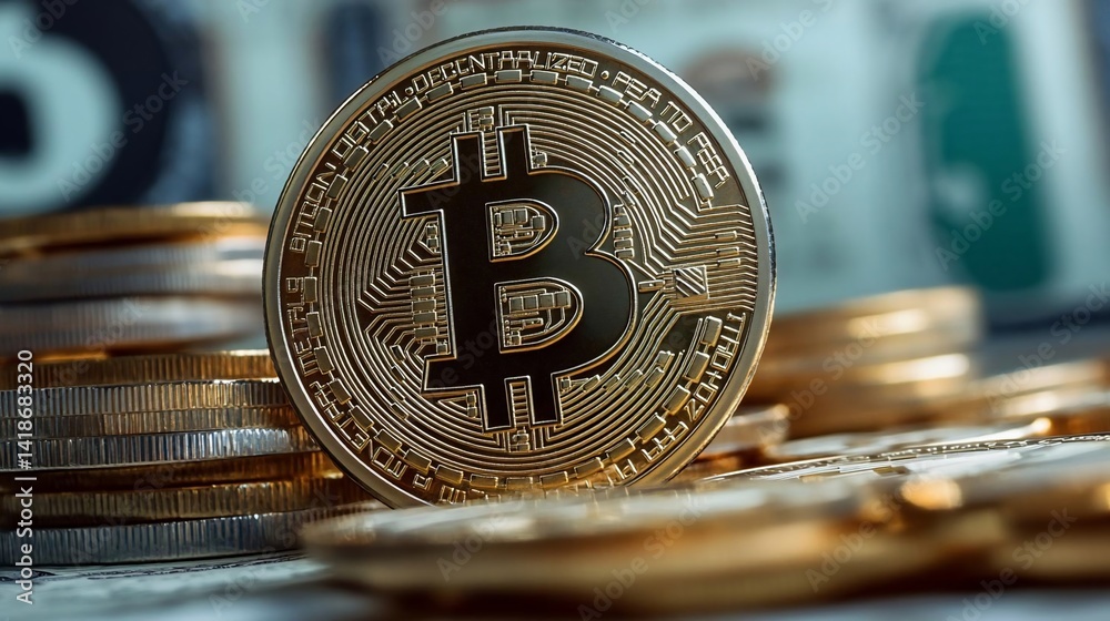 Aufkleber close-up shot of golden cryptocurrency coin on top of stack of coins with blurred background of pape