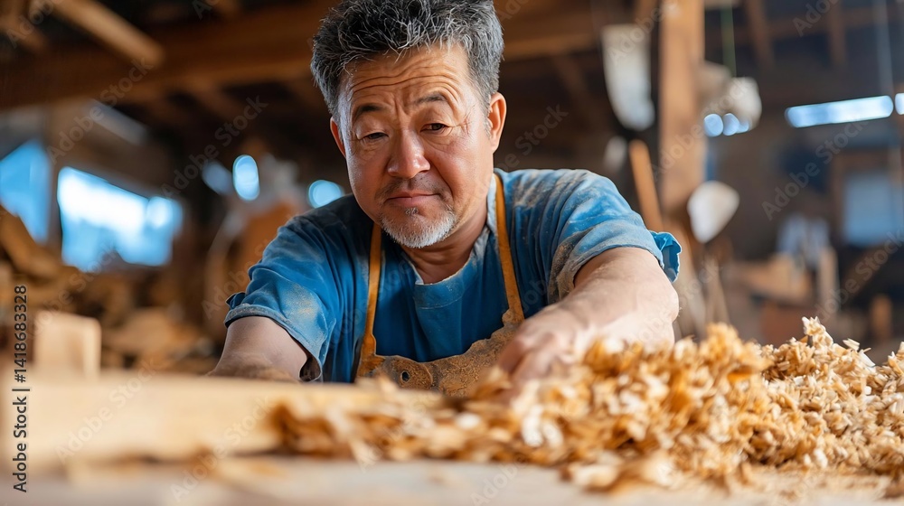Poster person working with wood shavings inside a workshop focused on craftsmanship and manual labor