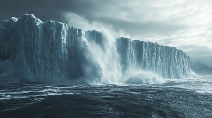 A striking image capturing the dramatic collapse of a polar ice sheet into the ocean, illustrating the impact of climate change.