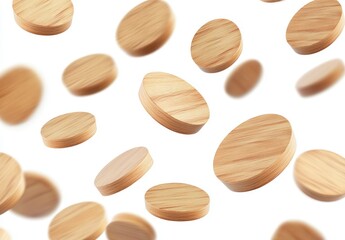 Floating Wooden Discs on White Background for Creative Design Projects
