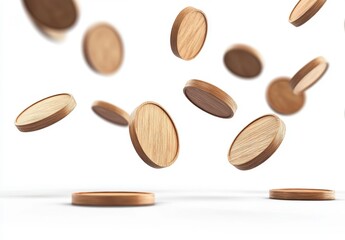 Floating Wooden Discs on White Background Captivating Viewpoint