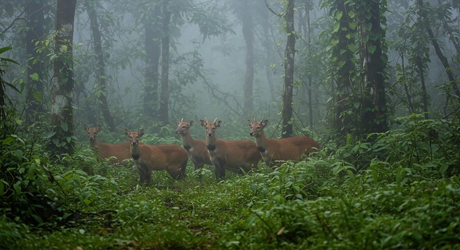 Group of Barasingha Deer Standing Alert in Foggy Forest Clearing