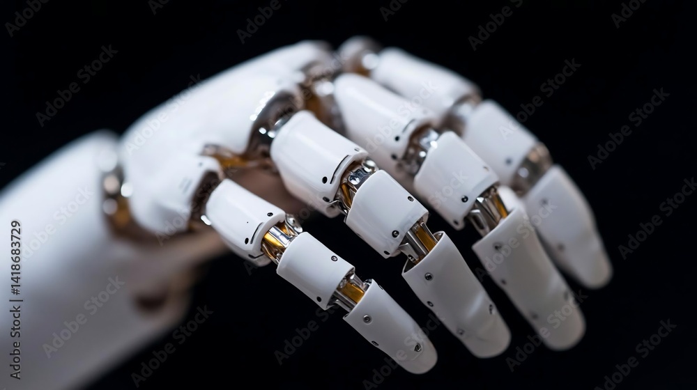 Poster close up of a robotic hand on a black background showcasing intricate mechanical details. the hand i