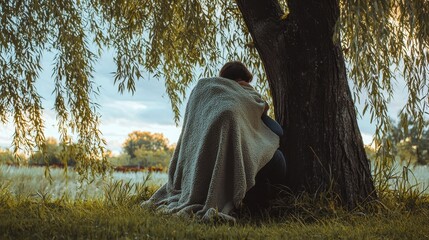 Solitary Figure Wrapped in a Blanket Under a Weeping Willow Tree
