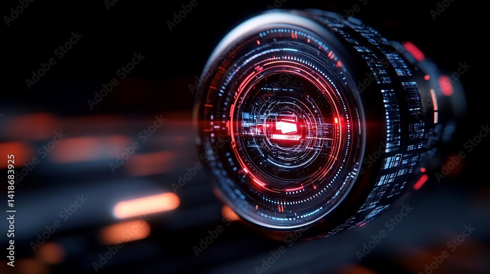 Poster Abstract digital circular design with glowing red and blue elements in a dark background creating futuristic atmosphere
