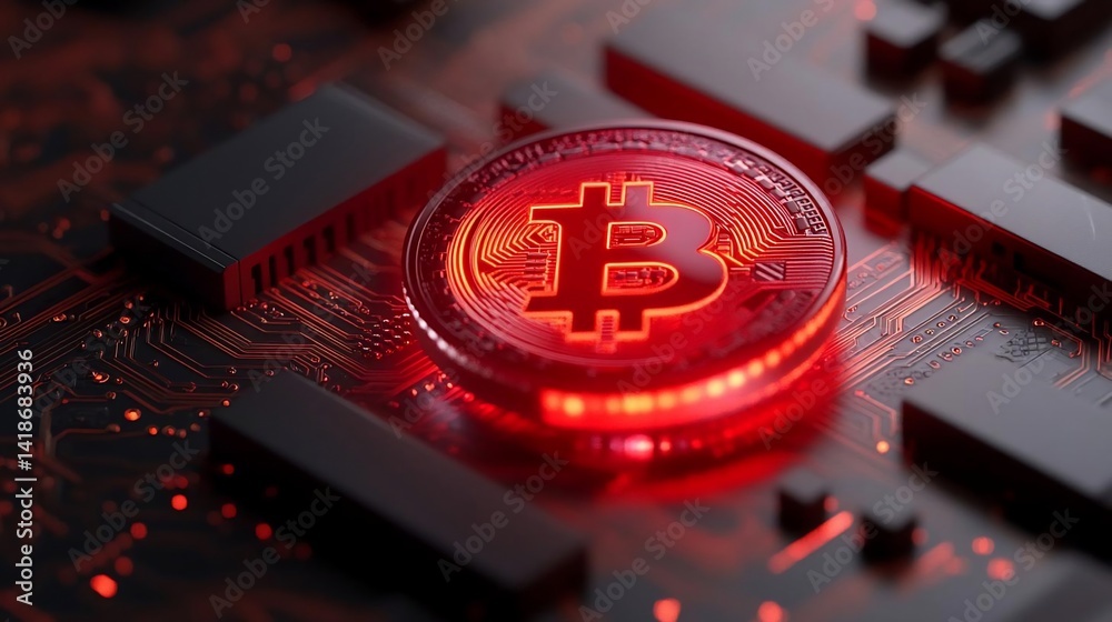 Leinwandbilder glowing red coin on a dark circuit board with blurred background elements