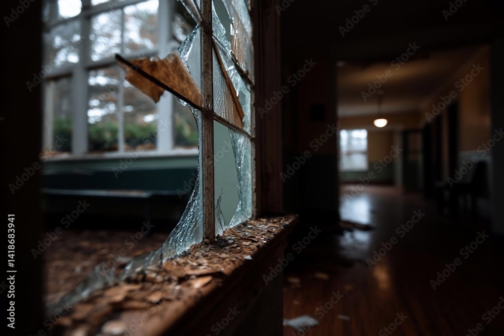 Poster interior view of a broken window with shattered glass fragments in a dim building interior with hall