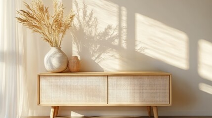 Fototapeta premium Serene arrangement of vases and pampas grass upon cabinet