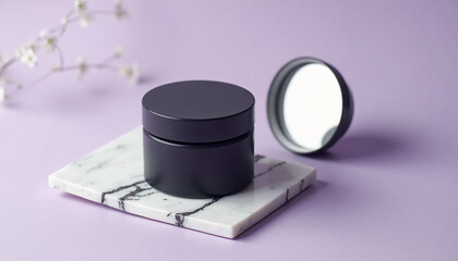A black jar sitting on top of a white marble coaster.