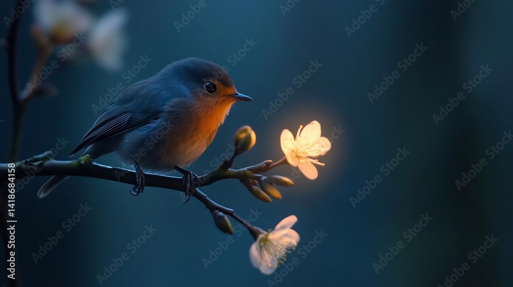 Aufkleber a small bird perched on a branch with illuminated white flowers against a dark blue background creat
