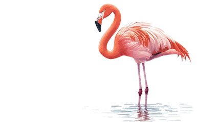 Fototapeta premium A full shot of a single flamingo standing in shallow, clear water against a stark white background. The bird is sharply focused, showcasing the intricate detail of its pink and white plumage