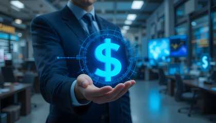 Cost saving concept, budget management and costs management. Economy recession economic cost savings. Businessman holding cost reduction icon on virtual screen
