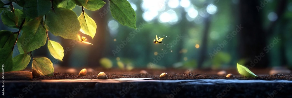 Aufkleber Close-up of vibrant green leaves and floating particles in a natural forest setting with soft lighting and blurred background. Creates a dreamy and tranquil atmosphere
