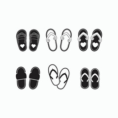 Simple Black and White Illustration of Heart-Designed Slip-On Sandals.