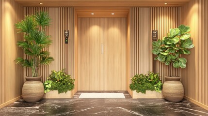 Wooden elevator entryway with potted plants.