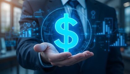 Cost saving concept, budget management and costs management. Economy recession economic cost savings. Businessman holding cost reduction icon on virtual screen