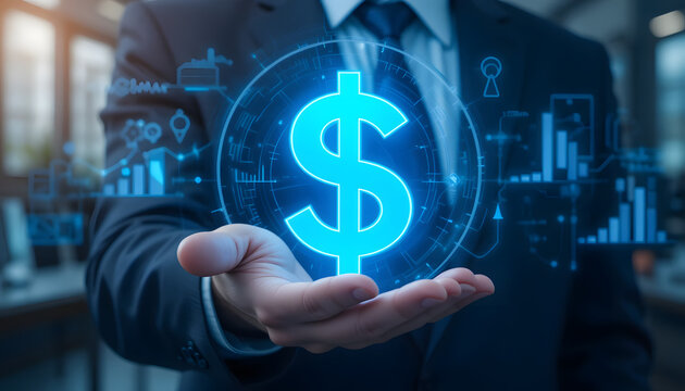 Cost saving concept, budget management and costs management. Economy recession economic cost savings. Businessman holding cost reduction icon on virtual screen