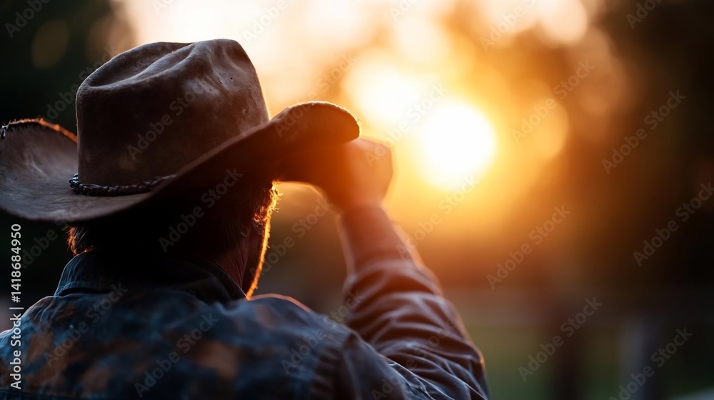Aufkleber back view of a person wearing a hat against a sunset with blurred background and lens flare suggesti