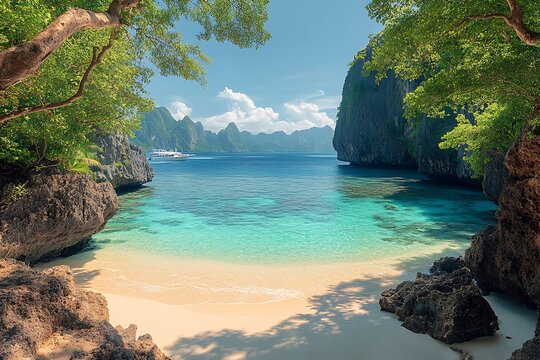 Breathtaking Tropical Island Beach With Turquoise Water And Limestone Cliffs In Palawan