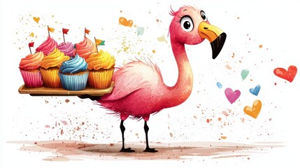 Flamingo delivering colorful cupcakes at a festive celebration whimsical art cheerful environment playful viewpoint