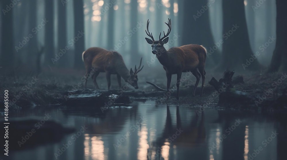 Aufkleber Two deer drinking water at the edge of a pond inside a foggy forest. Reflective water mirrors the deer and trees creating a serene environment