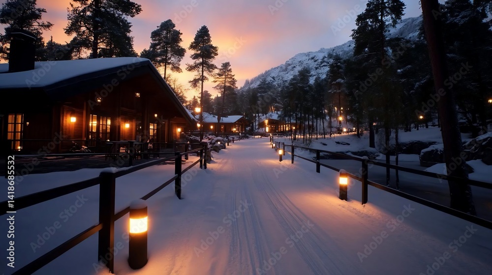 Aufkleber snowy pathway illuminated by warm lights leading to a cozy structure nestled amid snow-covered trees