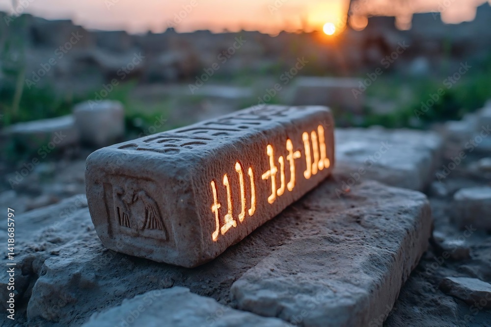 Aufkleber close up of an illuminated brick with an inscription at sunset. brick is glowing orange with warm li