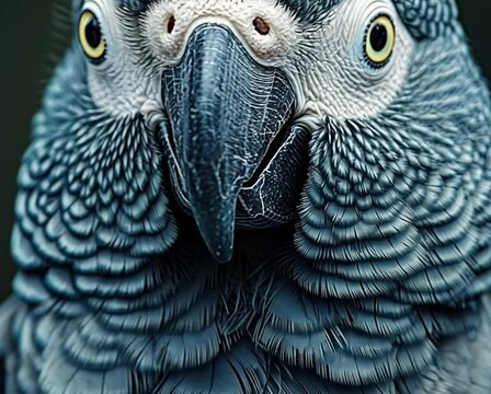 Close-up of a vibrant blue parrot with intricate feather details, set against a blurred dark background