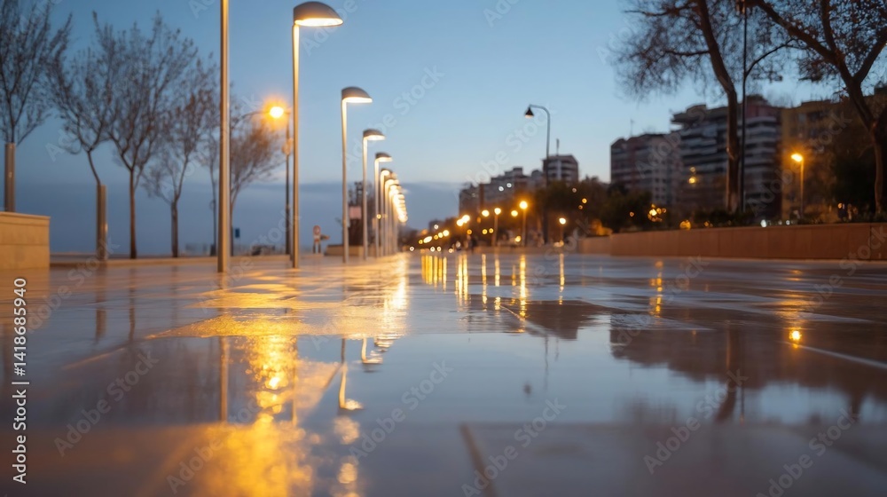 Aufkleber a wet urban landscape at dusk featuring reflecting street lights and buildings in the background cre